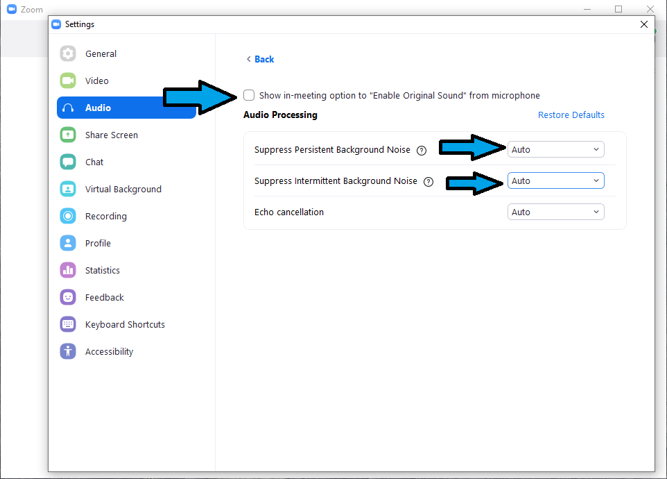 Step 3 - Select 'Show in-meeting option' at the top. Disable the two background noise features.